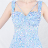 Luxury strap sequined long evening gown