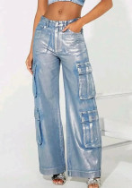 Women Hot Silver Stretch Denim Cargo Pant Women Hot Silver Stretch Denim Cargo Pant