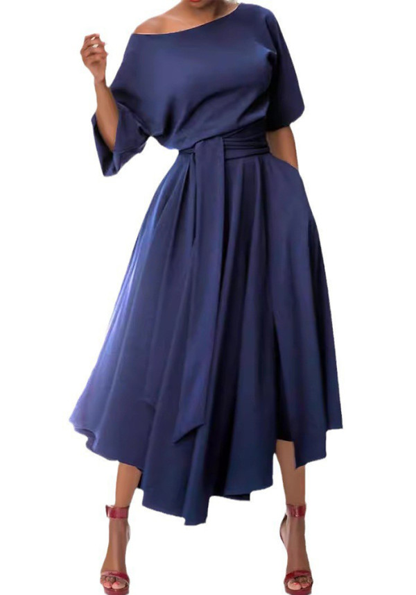 Women Slash Shoulder Lace-Up Chic Elegant Solid Irregular Dress
