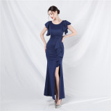 Women Ruffles Short Sleeve Slit Party Evening Dress