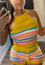 Summer Women Backless Halter Neck Top Sweater and Shorts Two-piece Set Summer Women Backless Halter Neck Top Sweater and Shorts Two-piece Set