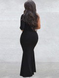 Women Black Halter Neck Beaded One Shoulder Long Sleeve Ball Dress