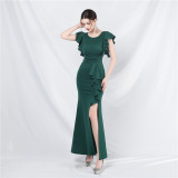 Women Ruffles Short Sleeve Slit Party Evening Dress