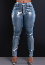 Women Shiny Hot Silver Stretch Denim Pant Women Shiny Hot Silver Stretch Denim Pant