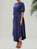 Women Slash Shoulder Lace-Up Chic Elegant Solid Irregular Dress