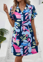 Women Printed Button Casual Short Sleeve Shirt Dress