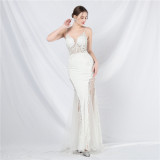 Women Lace Beaded Fishbone Vest Off-Shoulder Tail Evening Gown