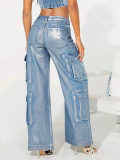 Women Hot Silver Stretch Denim Cargo Pant