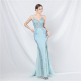 Women Lace Beaded Fishbone Vest Off-Shoulder Tail Evening Gown