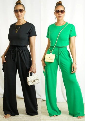 Women Casual Short Sleeve Top And Loose Cargo Wide Leg Pants Two-piece Set