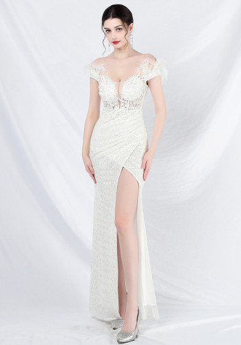 Women ostrich feather lace Beaded palace vest fishbone evening dress