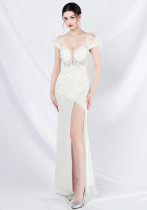 Women ostrich feather lace Beaded palace vest fishbone evening dress Women ostrich feather lace Beaded palace vest fishbone evening dress