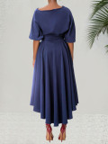 Women Slash Shoulder Lace-Up Chic Elegant Solid Irregular Dress