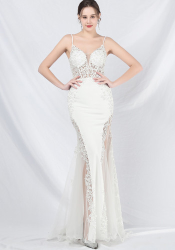 Women Lace Beaded Fishbone Vest Off-Shoulder Tail Evening Gown