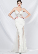 Women Lace Beaded Fishbone Vest Off-Shoulder Tail Evening Gown Women Lace Beaded Fishbone Vest Off-Shoulder Tail Evening Gown