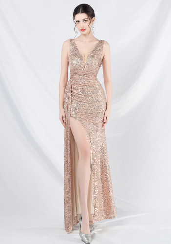 Women sequined ribbon evening dress