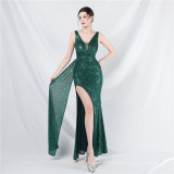 Women sequined ribbon evening dress