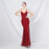 Women Lace Beaded Fishbone Vest Off-Shoulder Tail Evening Gown