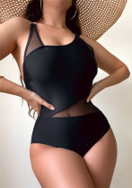 Sexy Solid Color Mesh Patchwork One-Piece Swimsuit