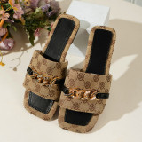 Summer Women Square Toe Rhinestone Chain Fashion Outdoor Wear Slippers Beach Sandals