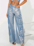 Women Hot Silver Stretch Denim Cargo Pant