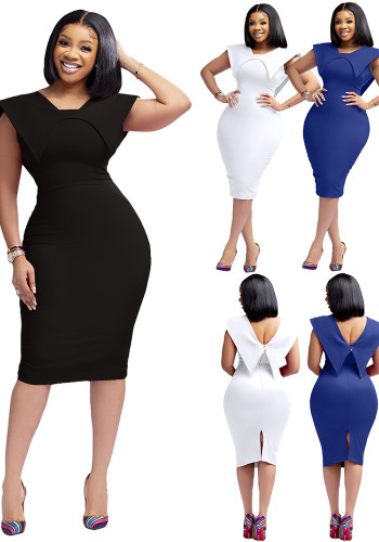 Women's Office Dress Sleeveless Square Neck Back Zipper Slit Dress