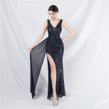 Women sequined ribbon evening dress