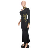 Women Black Halter Neck Beaded One Shoulder Long Sleeve Ball Dress