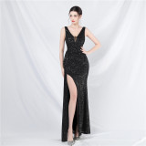 Women sequined ribbon evening dress