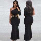 Women Black Halter Neck Beaded One Shoulder Long Sleeve Ball Dress