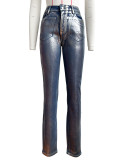 Women Shiny Hot Silver Stretch Denim Pant