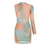 Women Spring Printed Mesh See-Through Hollow Round Neck Single Sleeve Dress