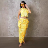 Sexy Loose Printed Hooded Sleeveless Tank Top Cargo Pocket Slit Skirt Set