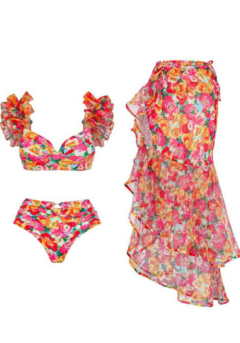 Sexy Floral High Waist Push Up Bikini Two Pieces Swimsuit Chiffon Long Skirt Set