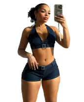 Sexy Halter Neck Stretch Two Piece Denim Shorts Set Sexy Halter Neck Stretch Two Piece Denim Shorts Set