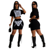 Women Round Neck Fashion Print Crop Top and Skirt Two-piece Set
