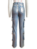 Women Hot Silver Stretch Denim Cargo Pant