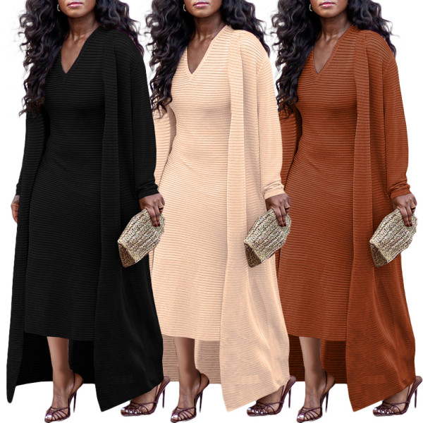 Women's Solid Color Ribbed Coat Slim V-Neck Dress Two-Piece Set