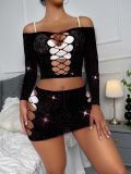 Women's Beaded Shiny Sexy Lingerie Off Shoulder Hollow Two Piece Skirt Set Net Clothes