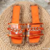 Summer Women Square Toe Rhinestone Chain Fashion Outdoor Wear Slippers Beach Sandals