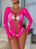 Women's Beaded Shiny Sexy Lingerie Long Sleeve Net Bodysuit