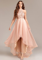 Women Halter Neck Sequin Patchwork Multi-Layered Mesh Sleeveless Irregular Evening Dress Women Halter Neck Sequin Patchwork Multi-Layered Mesh Sleeveless Irregular Evening Dress