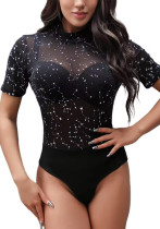 Women Shiny Mesh Sexy Short Sleeve Jumpsuit