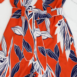 Women Printed Patchwork Irregular Short Sleeve Tie Jumpsuit