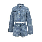 Women Casual Ripped Denim Top and Shorts Set