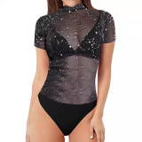 Women Shiny Mesh Sexy Short Sleeve Jumpsuit