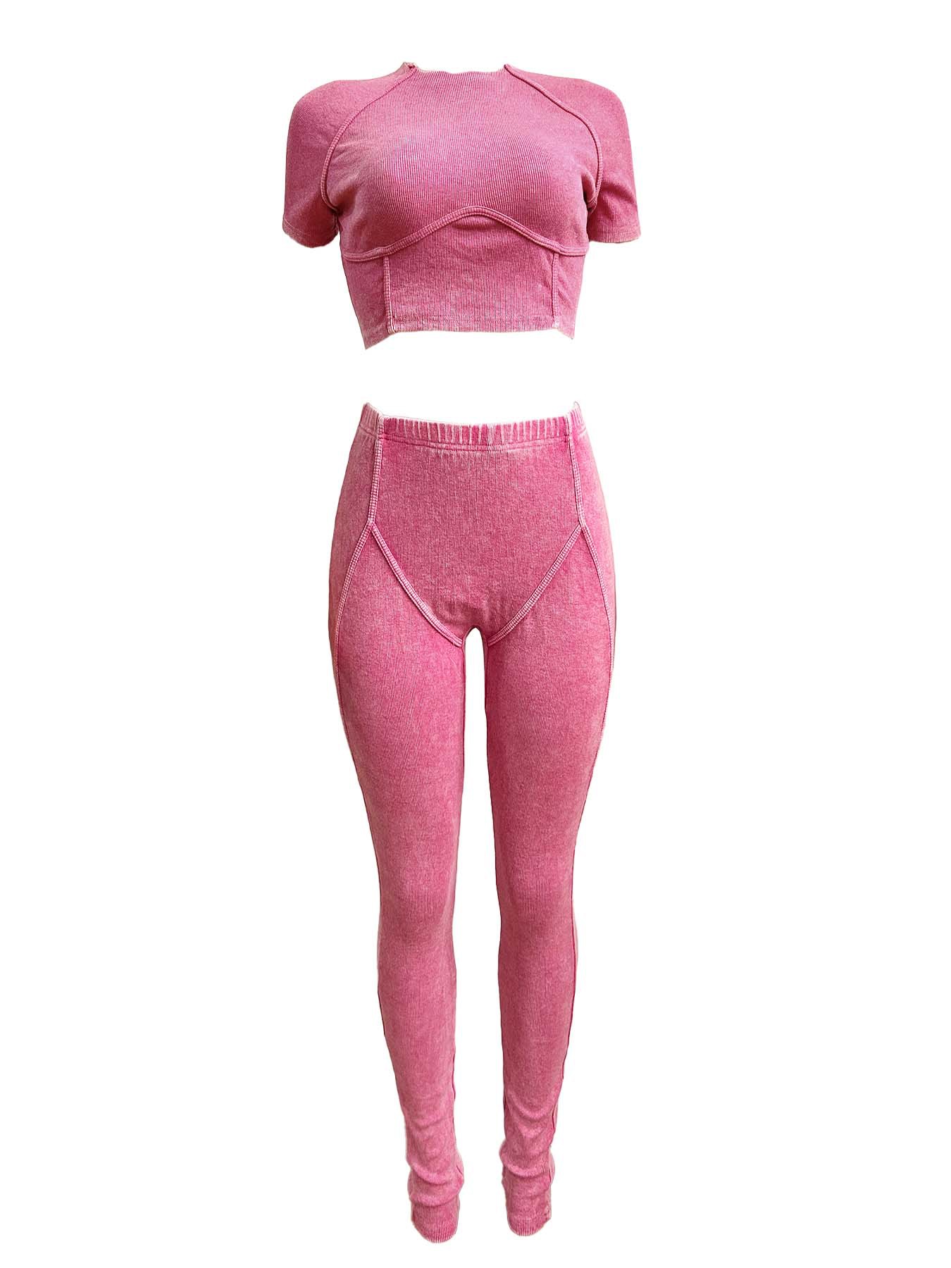 Women washed Ribbed short-sleeved top and trousers two-piece set