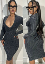 Women Ribbed Ribbed Long Sleeve V-Neck Sexy Bodycon Dress