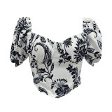 Women French Retro Print Square Neck Puff Sleeve Sexy Tank Top
