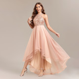Women Halter Neck Sequin Patchwork Multi-Layered Mesh Sleeveless Irregular Evening Dress